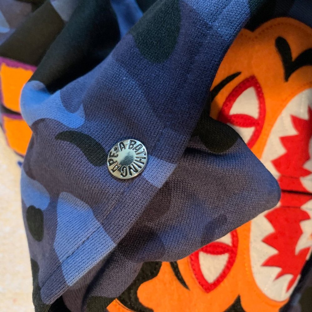 Bape BLUE Camo Tiger Shark Wide Full Zip Double Hood Hoodie LARGE Bathing Ape - Picture 11 of 16